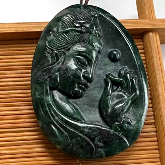 Certified Natural Gemstone Hotan Hetian Dark Green Carved Jade Pendant 53x38x8mm - Picture 2 of 9